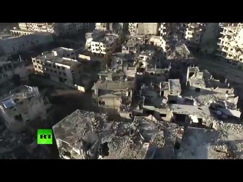 Aerial: Drone footage shows total devastation in Homs, Syria (EXCLUSIVE)