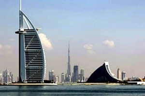 Dubai's three most prominent architectural icons, Burj an-Arab Hotel (L), Jumirah Hotel (R) and Burj Dubai (C),