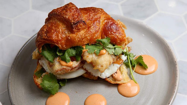 Soft-shell crab croissant burger at White Mojo cafe in Melbourne.