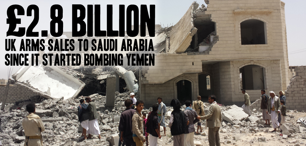 Destroyed buildings with people in foreground, air strike in Sana'a, May 2015, with text £2.8 billion UK arms sales to Saudi Arabia since it started bombing Yemen