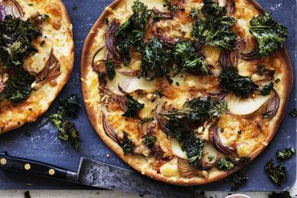 Potato, kale and oyster mushroom pizza.