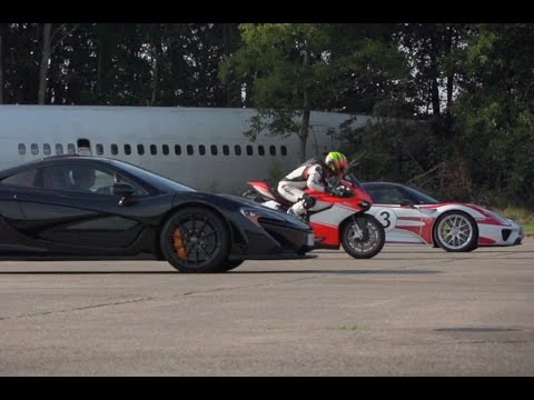 McLaren P1 vs. Porsche 918 Spyder vs. Ducati 1199 Superleggera - drag race