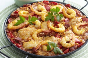 Chicken and prawn paella