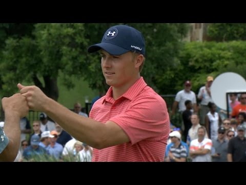 Jordan Spieth rolls in his birdie putt on No. 17 at AT&T Byron Nelson