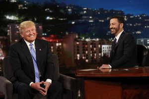 In this photo provided by ABC, Republican presidential candidate, Donald Trump, left, talks with host Jimmy Kimmel during a taping of the ABC television show, "Jimmy Kimmel Live!,” on Wednesday, May 25, 2016, in Los Angeles.