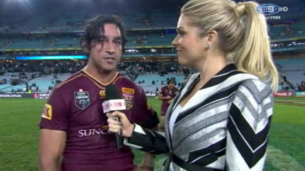 Johnathan Thurston speaks to students from Aurukun school on Wednesday night.