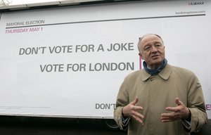 In this Wednesday, April 30, 2008 file picture the former mayor of London Ken Livingstone talks to journalists as he reveals his campaign poster in east London, ahead of Thursday's mayoral election.