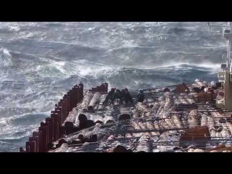 cargo ship in storm at kuril islands