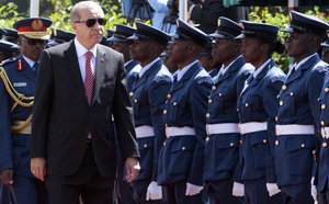 Turkish president Recep Tayyip Erdogan inspects a guard of honor at Nairobi State House Nairobi, Thursday, June 2, 2016.