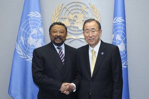 H.E. Mr. Jean Ping, Outgoing Chairperson of African Union and the Secretary-General Mr. Ban Ki-moon are seen at a meeting at NLB-300 at the United Nations during the 67th General Assembly.