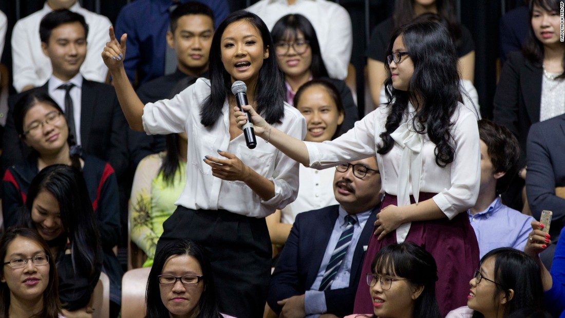 Vietnamese rapper Suboi &lt;a href=&quot;http://www.cnn.com/videos/world/2016/05/25/vietnam-obama-beat-box-rap-sot.cnn&quot; target=&quot;_blank&quot;&gt;raps during the town-hall event,&lt;/a&gt; which was for the Young Southeast Asian Leaders Initiative.