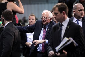 U.S. Senator Bernie Sanders speaking with supporters at the Agriculture Center at the Arizona State Fairgrounds in Phoenix, Arizona.