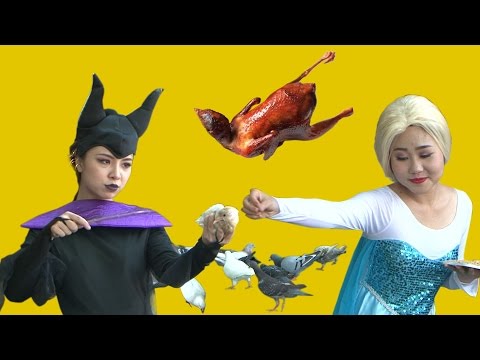 Maleficent vs Spiderman & Frozen Elsa - Stealing pigeon - Fun Superheroes in Real Life