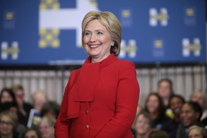 Former Secretary of State Hillary Clinton speaking with supporters at a "Get Out the Caucus" rally at Valley Southwoods Freshman High School in West Des Moines, Iowa, 24 January 2016