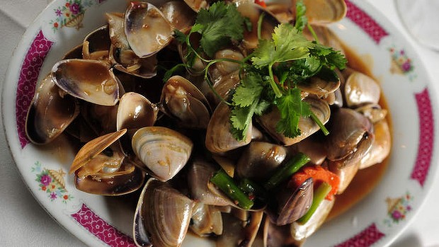 Live pipis stir-fried in XO sauce.