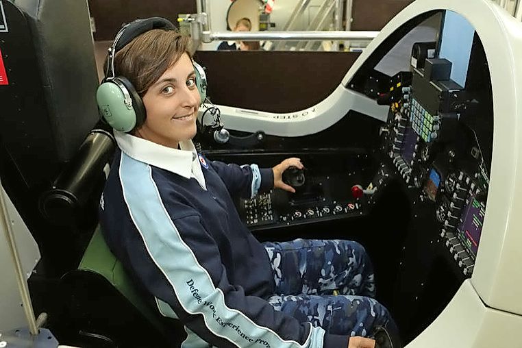 Mill Park’s Alison Herbert sits in the intergrated avionics maintenance trainer at the Royal Australian Air Force School of Technical Training. (Supplied)