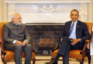 The Prime Minister, Shri Narendra Modi in Expanded meeting with the US President, Mr. Barack Obama