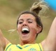 Kellie White celebrates a goal for the Hockeyroos in 2013.