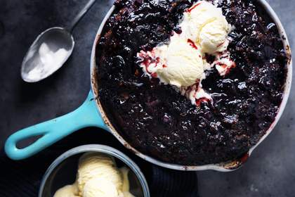 Cherry hazelnut upside-down pudding.