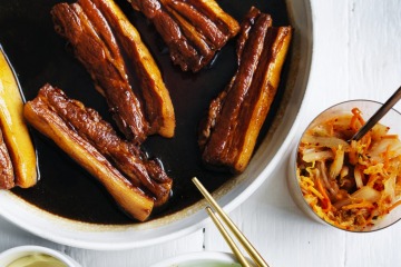 Coconut water braised pork and kimchi lettuce wraps.