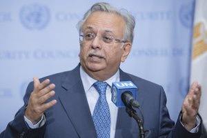 Abdallah Yahya A. Al-Mouallimi, Permanent Representative of Saudi Arabia to the UN, speaks to journalists on the latest report of the Secretary-General on the protection of children in armed conflict, 6 June, 2016.