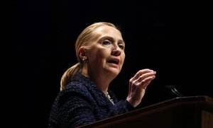 Secretary of State Hillary Rodham Clinton gestures as she gives a speech: "Frontlines and Frontiers: Making Human Rights a Human Reality," Thursday, Dec. 6, 2012, at Dublin City University in Dublin, Ireland.