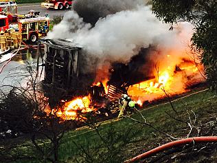 MFB crews battle a truck fire on the Monash Freeway. Picture credit: jon Hicks