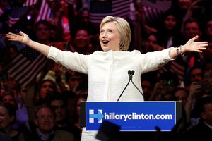 Democratic presidential candidate Hillary Clinton speaks during a presidential primary election night rally, Tuesday, June 7, 2016, in New York.