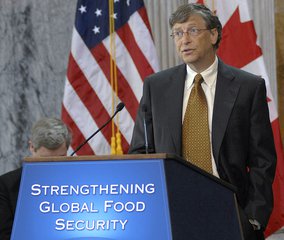 File - Bill Gates speaking at the annoucement of the International Commitment to fight global hunger and poverty at the US Treasury Department on April 22, 2010.