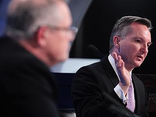 Shadow Treasurer Chris Bowen (right) speaks during the Treasurers Debate with Federal Treasurer Scott Morrison at the National Press Club in Canberra, Friday, May 27, 2016. (AAP Image/Stefan Postles) NO ARCHIVING