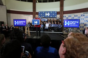 Former Secretary of State Hillary Clinton speaking with supporters at a "Get Out the Caucus" rally at Valley Southwoods Freshman High School in West Des Moines, Iowa, USA