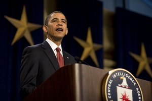 File - President Barack Obama delivers remarks during a memorial service at the CIA in Langley, Va., Feb. 5, 2010.