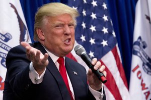 Republican presidential candidate Donald Trump speaks during a campaign event at the Roundhouse Gymnasium, Tuesday, Jan. 26, 2016, in Marshalltown, Iowa.