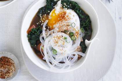 Spicy chicken miso soup with a poached egg