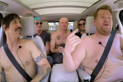 Baring all: (left to right) The Red Hot Chili Peppers Anthony Kiedis, Chad Smith, Flea and Josh Klinghoffer with Carpool Karaoke host James Corden.