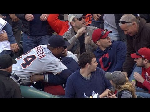 Cabrera hugs a fan sitting near first base