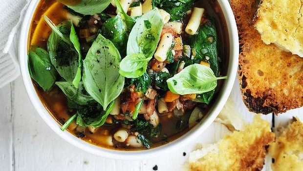 Thick minestrone with parmesan croutons.