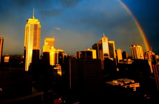 rainbow . 010801 AFR pic by Tanya Lake ***COLOUR ONLY PLEASE!!*** generic rainbow over CBD centrpoint travel building ...