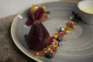 On Norsk Dor's dessert menu: pear poached in mulled wine and served with beetroot ice-cream.