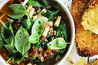 Thick minestrone with parmesan croutons.