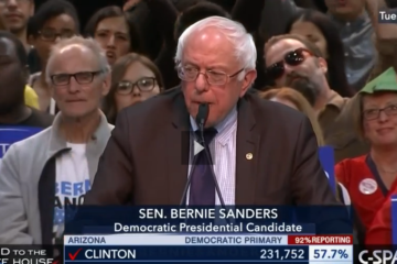 Still image from CSPAN recording of Bernie Sanders speech on the evening of the June 7 primary election.