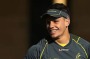 SYDNEY, AUSTRALIA - AUGUST 13:  Matt Toomua smiles as he talks to Michael Hooper during an Australian Wallabies training ...