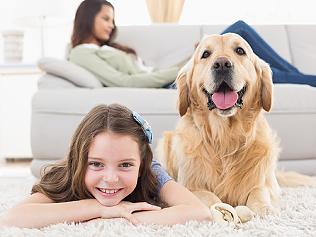 Girl with dog lying on rug at home