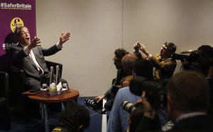 UK Independence Party (UKIP) party leader Nigel Farage addresses media and party members during a speech focusing on the upcoming EU referendum in London, Friday, June 3, 2016.