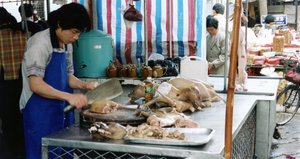 File - Dogs being butchered at a local market in Guangdong, China, 1999.