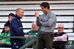 Former Randwick player and now England coach Eddie Jones talking to former rugby league player Andrew Johns back on his ...