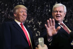 Donald Trump smiles at left as Republican presidential candidate, former House Speaker Newt Gingrich talks to media after their meeting in New York, Monday, Dec. 5, 2011.