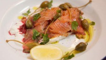 Salmon gravlax with creme fraiche and beetroot chutney at The Alps.