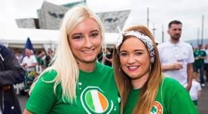 Football fans out at the Titanic Fanzone, Belfast, to see the Republic of Ireland play Belgium during the 2016 Euros. Saturday 18th June. Picture by Liam McBurney/RAZORPIX