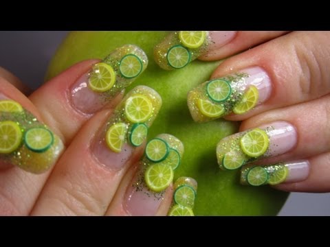 Fimo Fruit Lemon & Lime Design with Gradient Yellow & Green Glitter Nail Art Tutorial